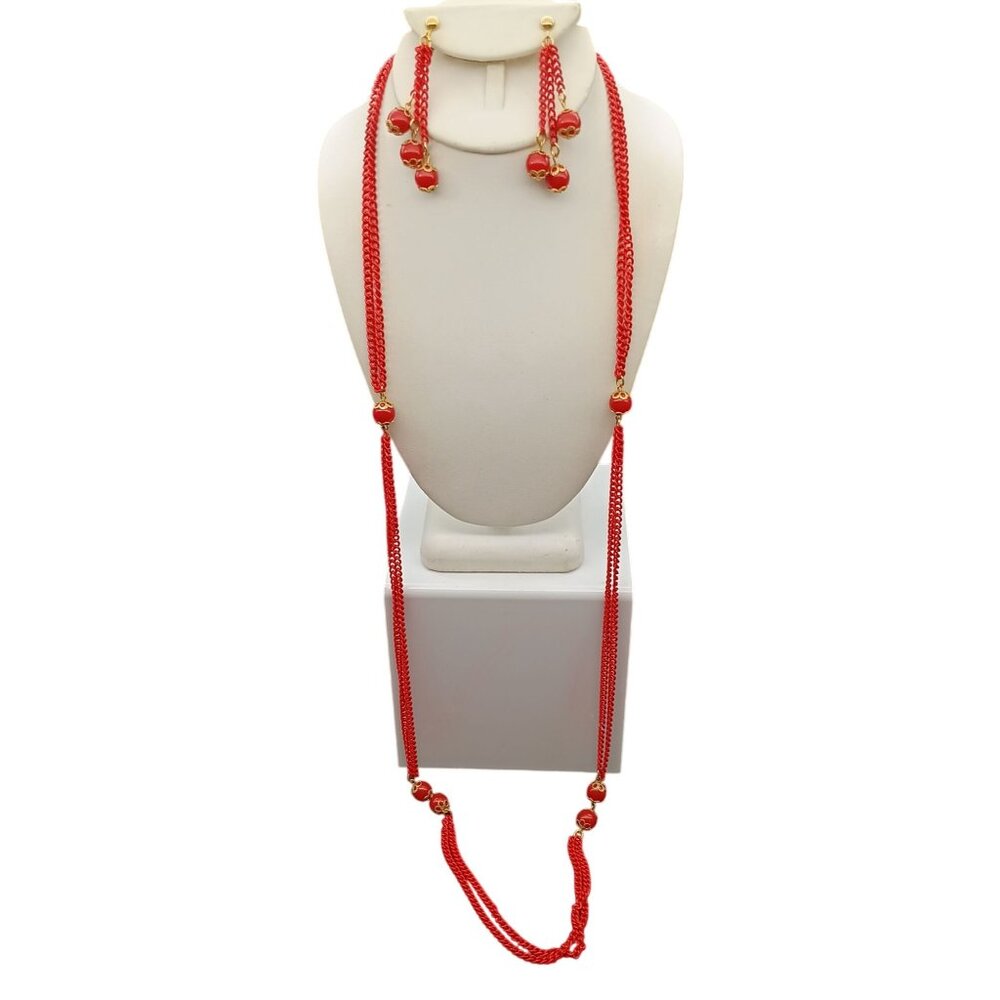 Celebrity NY Vintage Red Beaded Enamel Chain Necklace & Dangle Drop Earrings Set